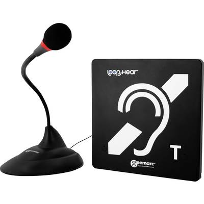 A microphone and an induction loop system for those with hearing impairments, with a hearing disability symbol on the signage.