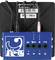 A blue electronic device with multiple ports and symbols, connected to a black antenna.
