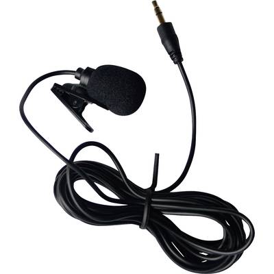 A black lapel microphone with cable and 3.5mm jack plug, ideal for attaching to clothing for clear voice recordings.