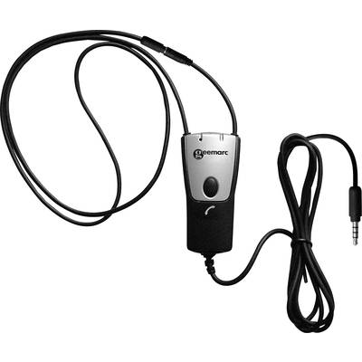 The image depicts a portable Geemarc hearing aid with cable and jack plug, which serves as an amplification device for individuals with hearing loss.