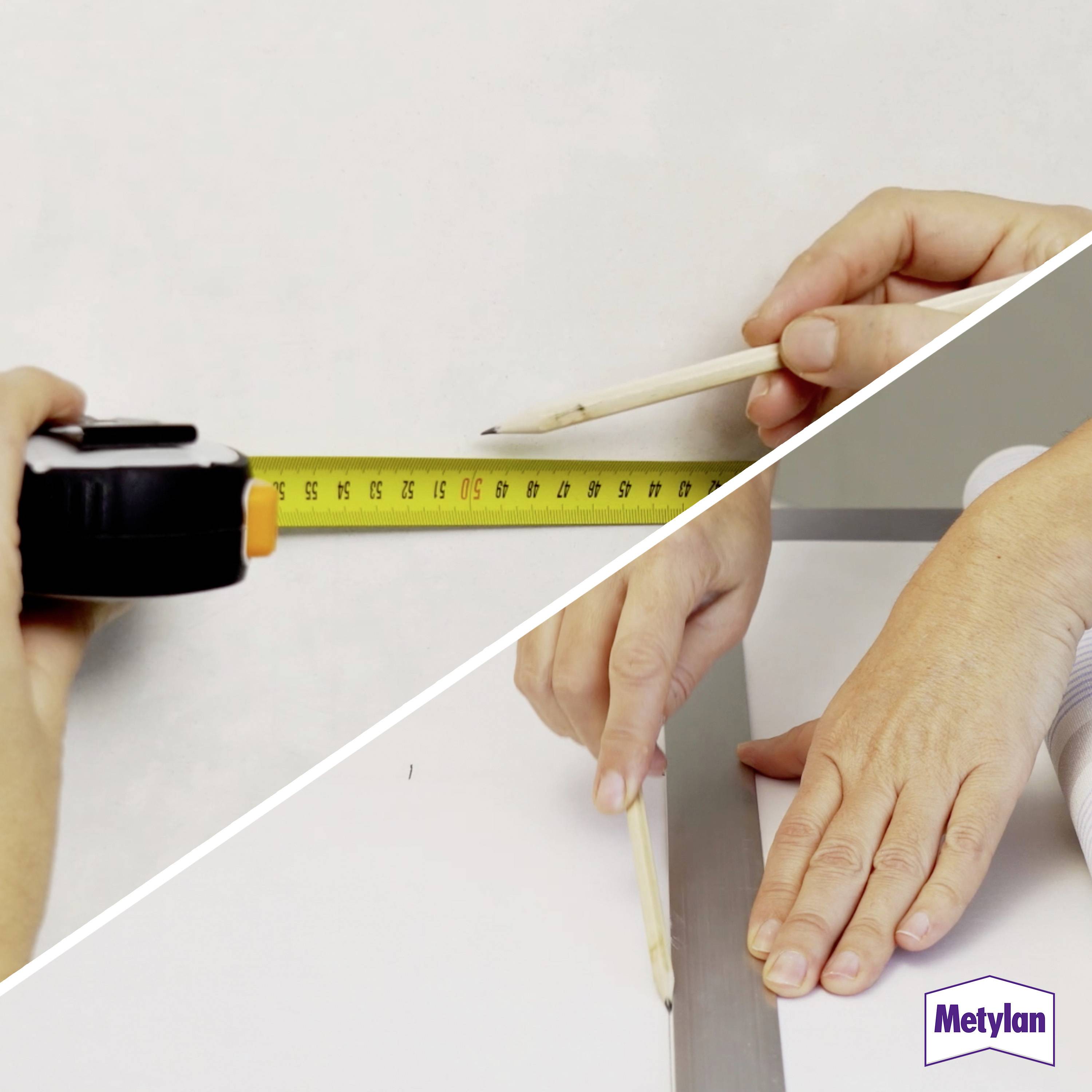 'Two hands using a tape measure and pencil to mark a line on a wall. Another hand is holding a straight edge, ensuring alignment.'