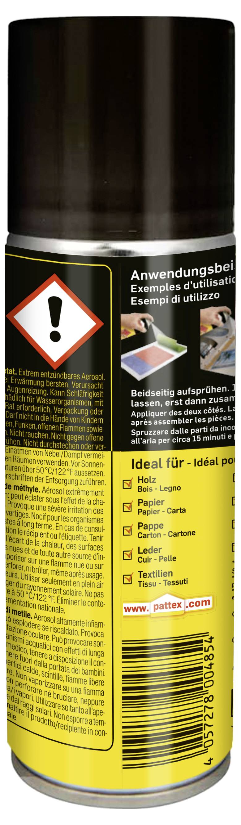 A can of maintenance spray featuring a warning symbol and text instructions in German, English, and Italian, ideal for various materials.