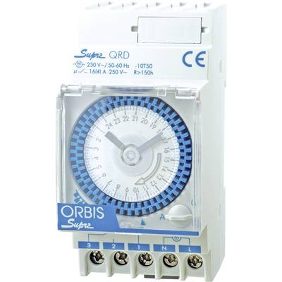 Time switch for electrical devices. Shows 24-hour setting options with blue dial and connection terminals at the bottom.