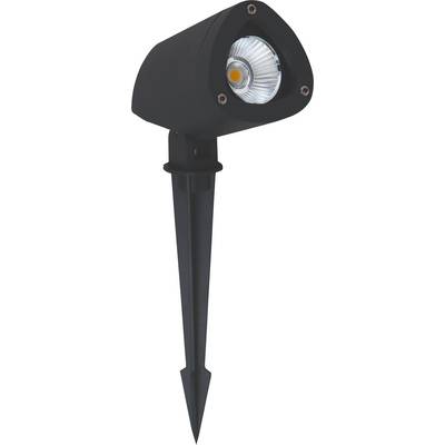LED garden spotlight with spike for ground mounting, black, illuminated round reflector, suitable for outdoor lighting.