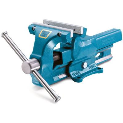 A blue metal bench vice with a rotary handle.