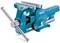 A blue metal vice with silver handles and a robust structure, typical of workshop and industrial applications.
