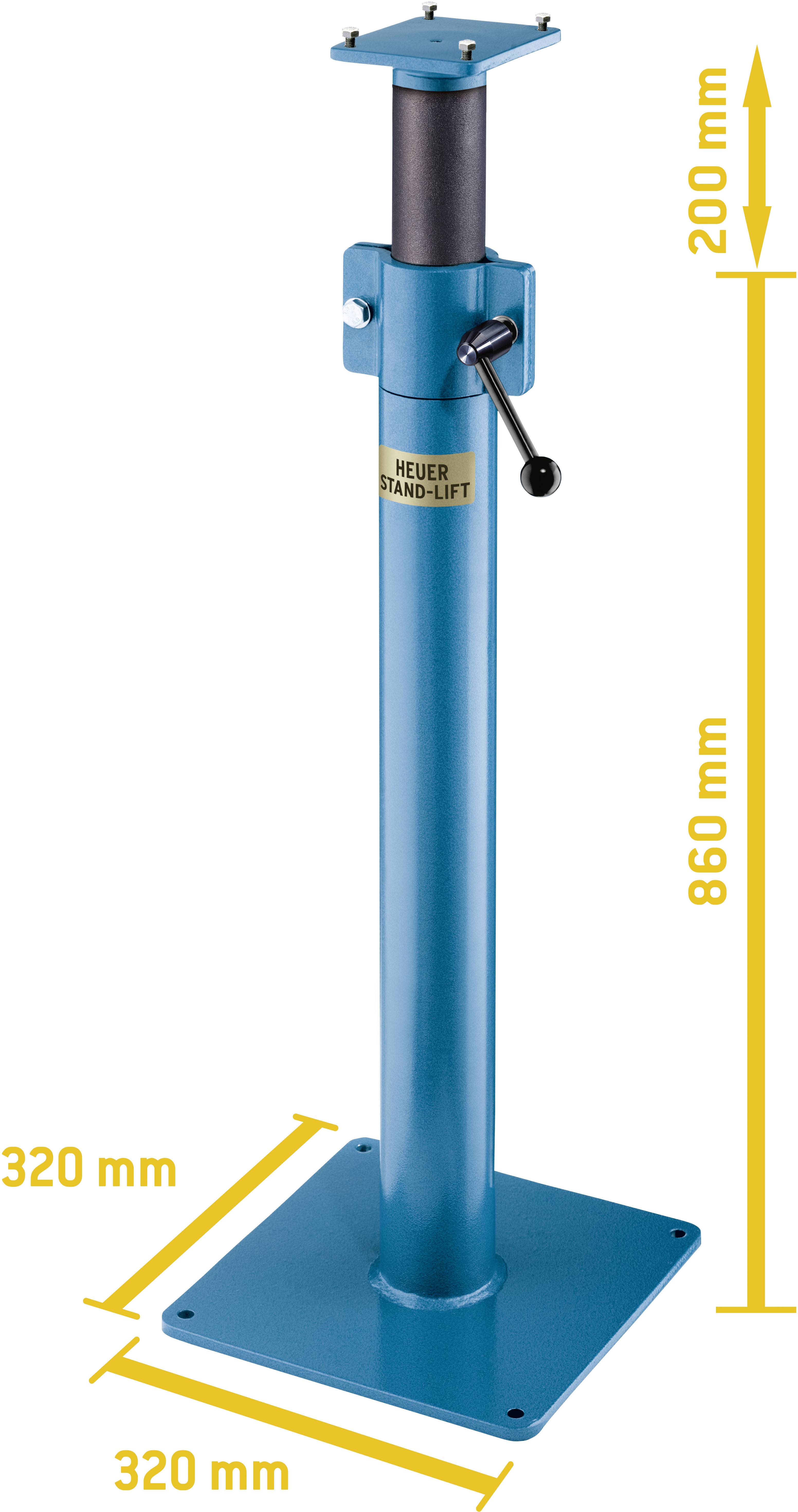 A blue height-adjustable stand lift by 'Heuer' with a height of 860 mm and base dimensions of 320 mm, maximum extension 200 mm.