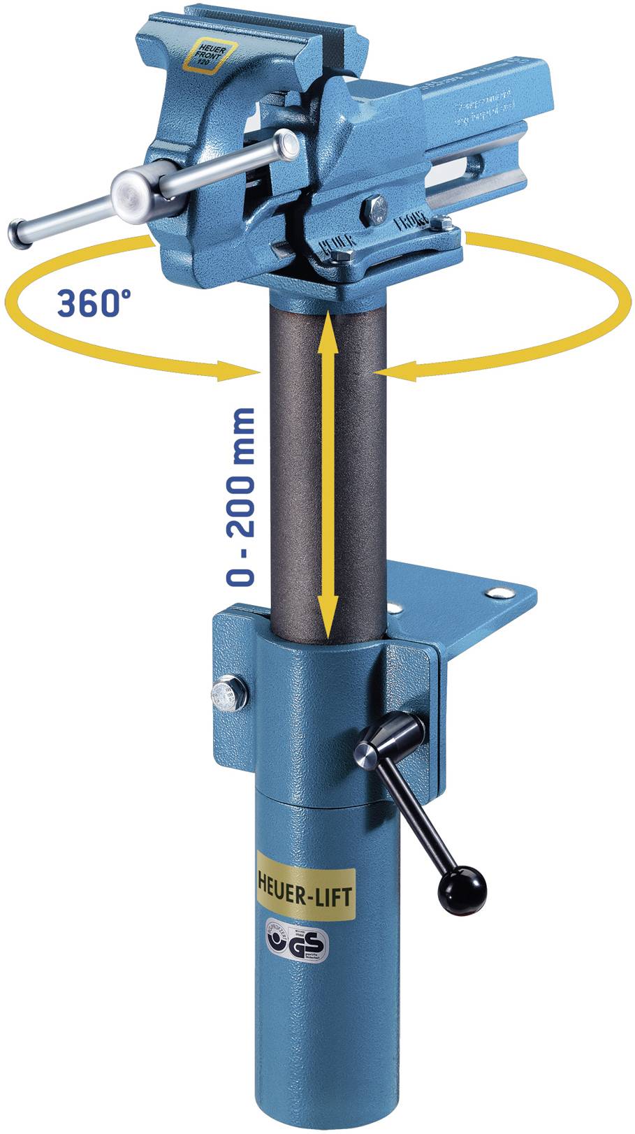 Blue vice with 360-degree rotation function and height-adjustable stand bracket from 0 to 200 mm, marked with 'HEUER-LIFT'.