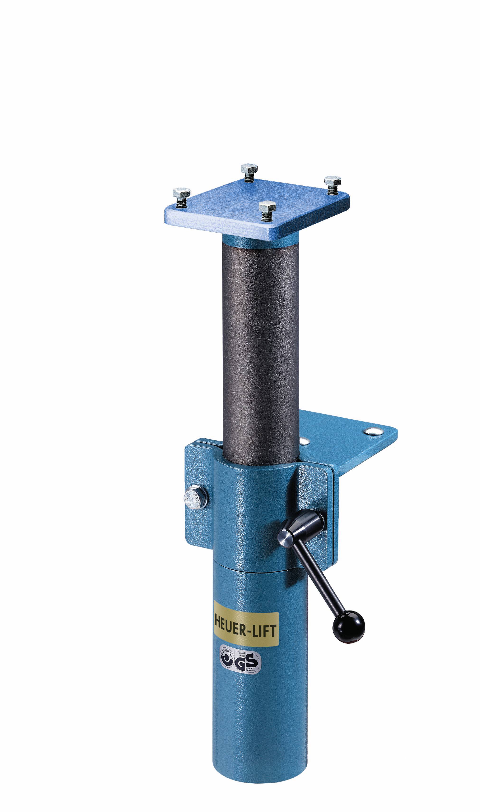 Blue lifting jack of the 'HEUER-LIFT' brand with crank, suitable for lifting heavy objects.