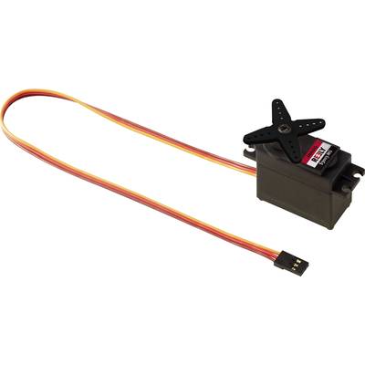 A black servo with a cross-arm attachment and a multi-coloured cable. Used in model-making and robotics.