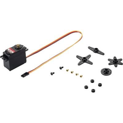 A servo motor with cable and various mounting parts and screws, suitable for model-building applications.