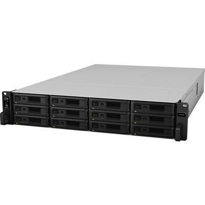 A server device with twelve drive bays arranged in two rows. Each row of bays has LED indicators on the front.