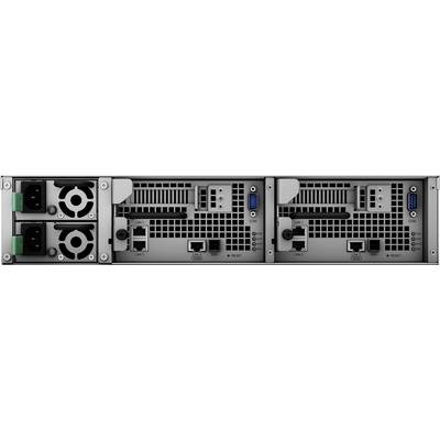 The rear of a server with two power supplies, fans, and multiple communication ports, including LAN and COM ports.
