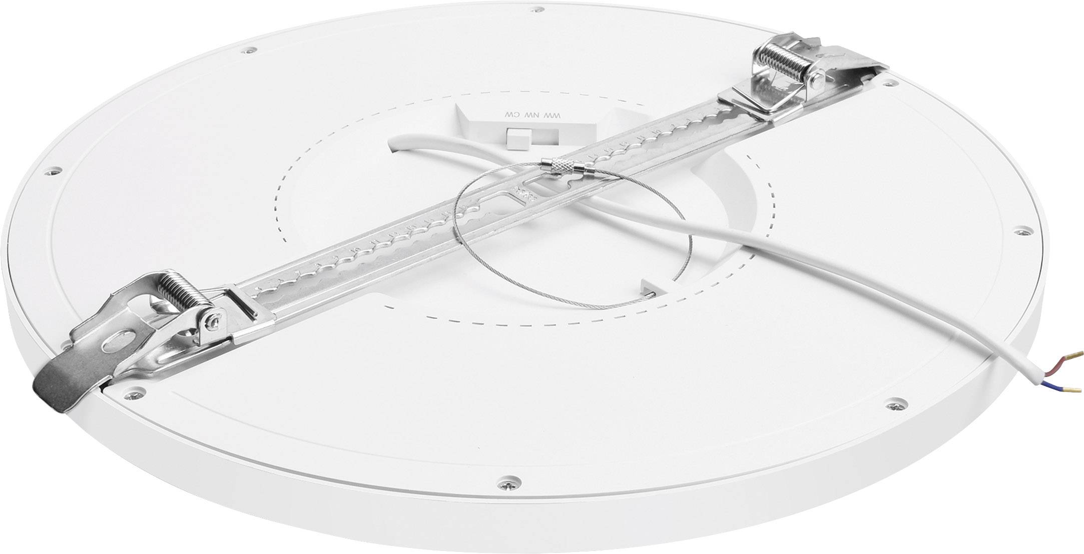 Round LED ceiling light with mounting brackets and cables. Suitable for residential or commercial interior lighting.