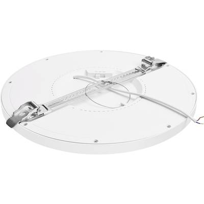 Round LED ceiling light with mounting brackets and cables. Suitable for residential or commercial interior lighting.