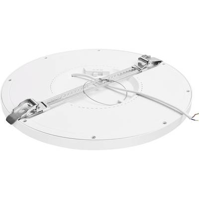 Round, white ceiling light with mounting mechanism and a protruding cable, lying on a white surface.