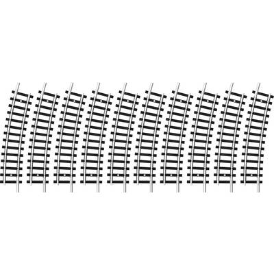 Several curved model railway track rows, symmetrically arranged side by side.
