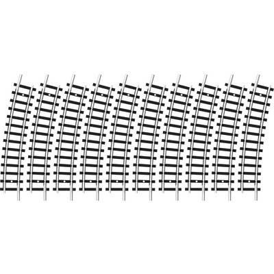 Several curved train tracks in parallel rows form symmetrical curves.