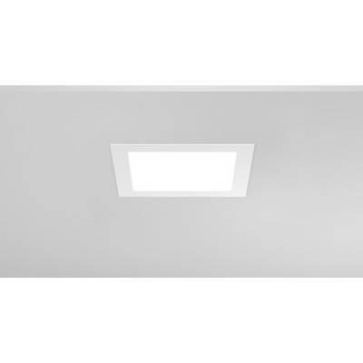 A rectangular, white LED ceiling recessed light shines brightly in a grey ceiling.