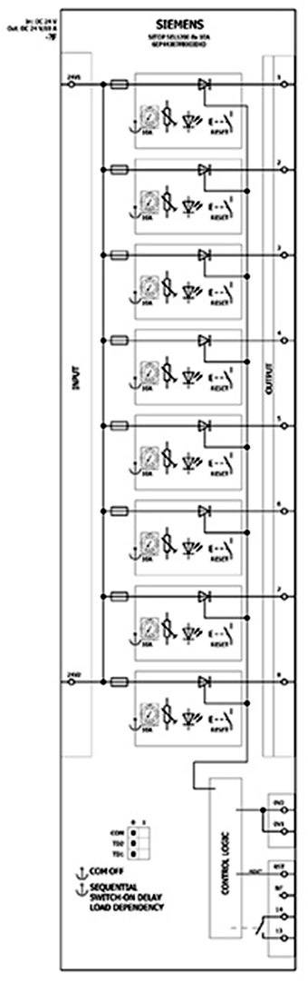 Circuit diagram of a Siemens network with multiple circuits arranged in series, showing the connections and current direction.