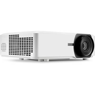 A white projector, side view, with a large ventilation opening on the left side and lens on the right side.