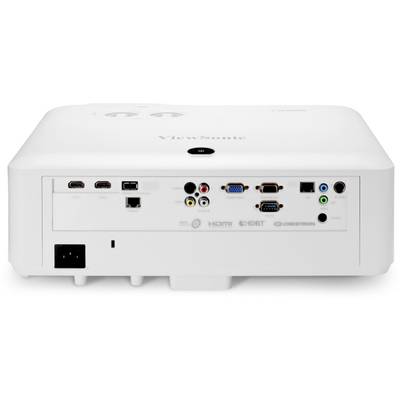 Rear view of a white projector with various connection options including HDMI, USB, VGA and network port.