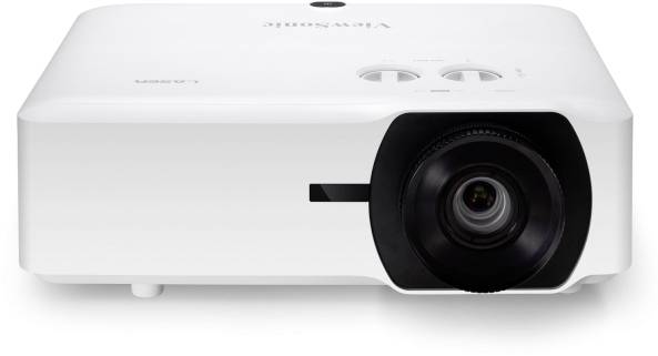 A white projector with a large lens on the right side and control buttons on top, suitable for presentations and films.