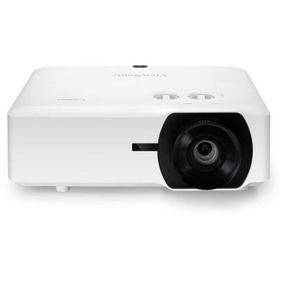 A white projector with a large lens on the right side and control buttons on top, suitable for presentations and films.