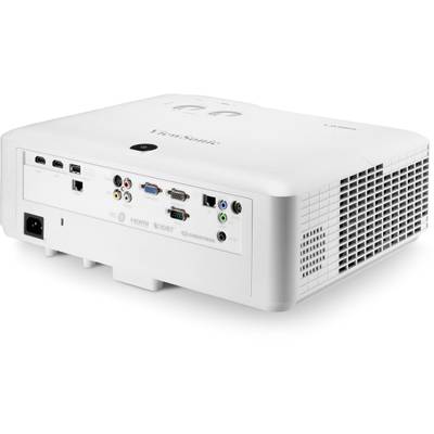 A white projector displays multiple ports on the rear, including HDMI, VGA and USB. Suitable for presentations.