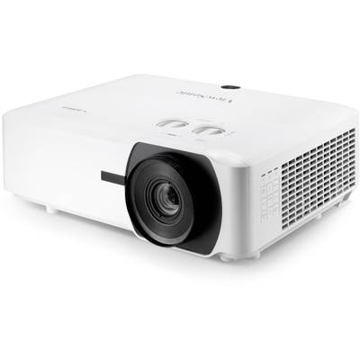 A white projector with ventilation slots on the side and a focus ring at the front, suitable for presentations or home cinema.