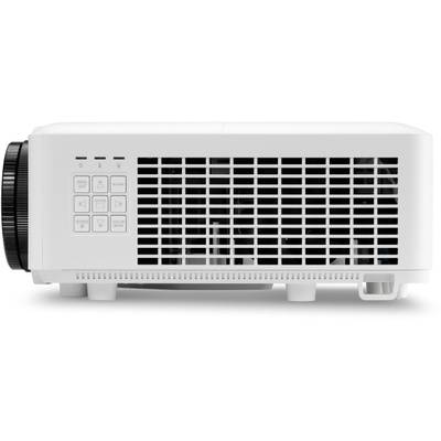 A white projector from the side with control buttons and ventilation slots.
