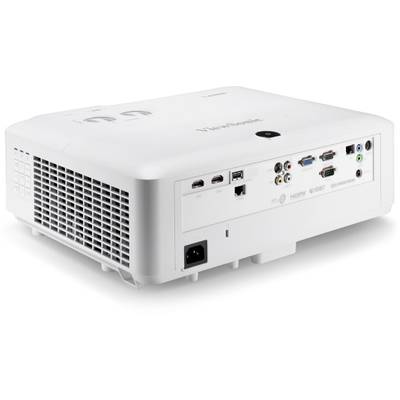 White projector with various connection options on the back, including HDMI, VGA and audio ports.