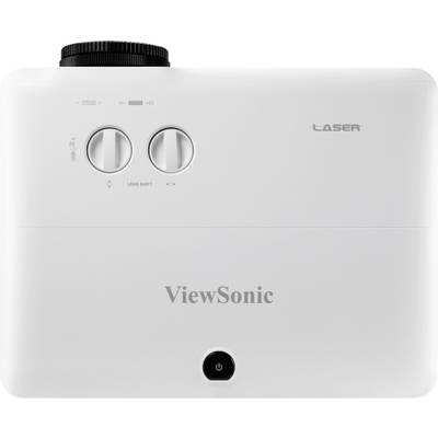 A white projector viewed from above, with a large focus wheel and two control buttons. 'ViewSonic' branding visible.