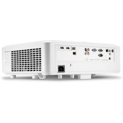 Rear view of a white projector with multiple ports, including HDMI, USB and VGA.