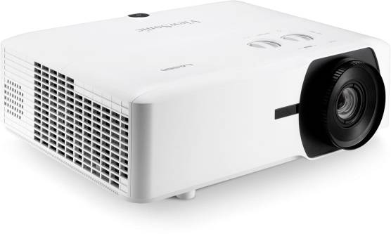 A white projector with ventilation slots on the side and a large lens at the front, suitable for presentations or home cinema.