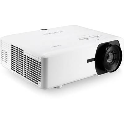 A white projector with ventilation slots on the side and a large lens at the front, suitable for presentations or home cinema.