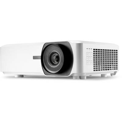 White multimedia projector with visible lens, ventilation slots, and control panel. Suitable for presentations and home cinema.