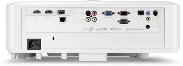 Rear view of a projector with various connection options, including HDMI, VGA, USB, and audio ports.