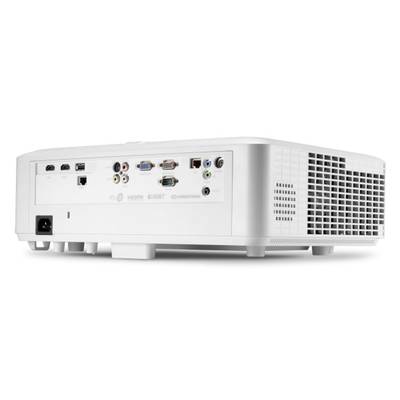 Rear view of a white projector with multiple connection types: HDMI, VGA, USB, Ethernet and analogue audio sockets.