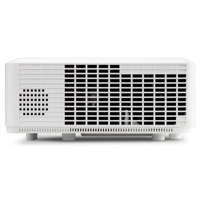 The image shows the front view of a white projector with ventilation grilles and small feet.