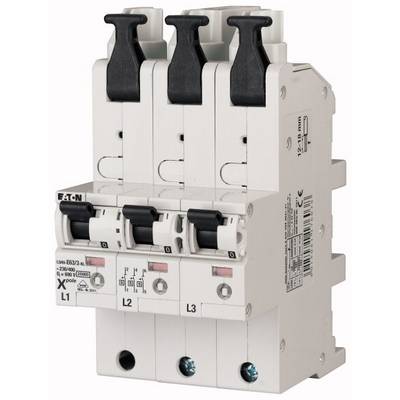 'Three-pole circuit breaker with black levers and labels for L1, L2, L3, on white casing, side view.'