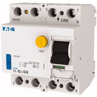 Electrical RCD (Residual Current Device) with yellow test button, Eaton brand, Model PXF-63/4/03-B, suitable for 230/400V, up to 63A.