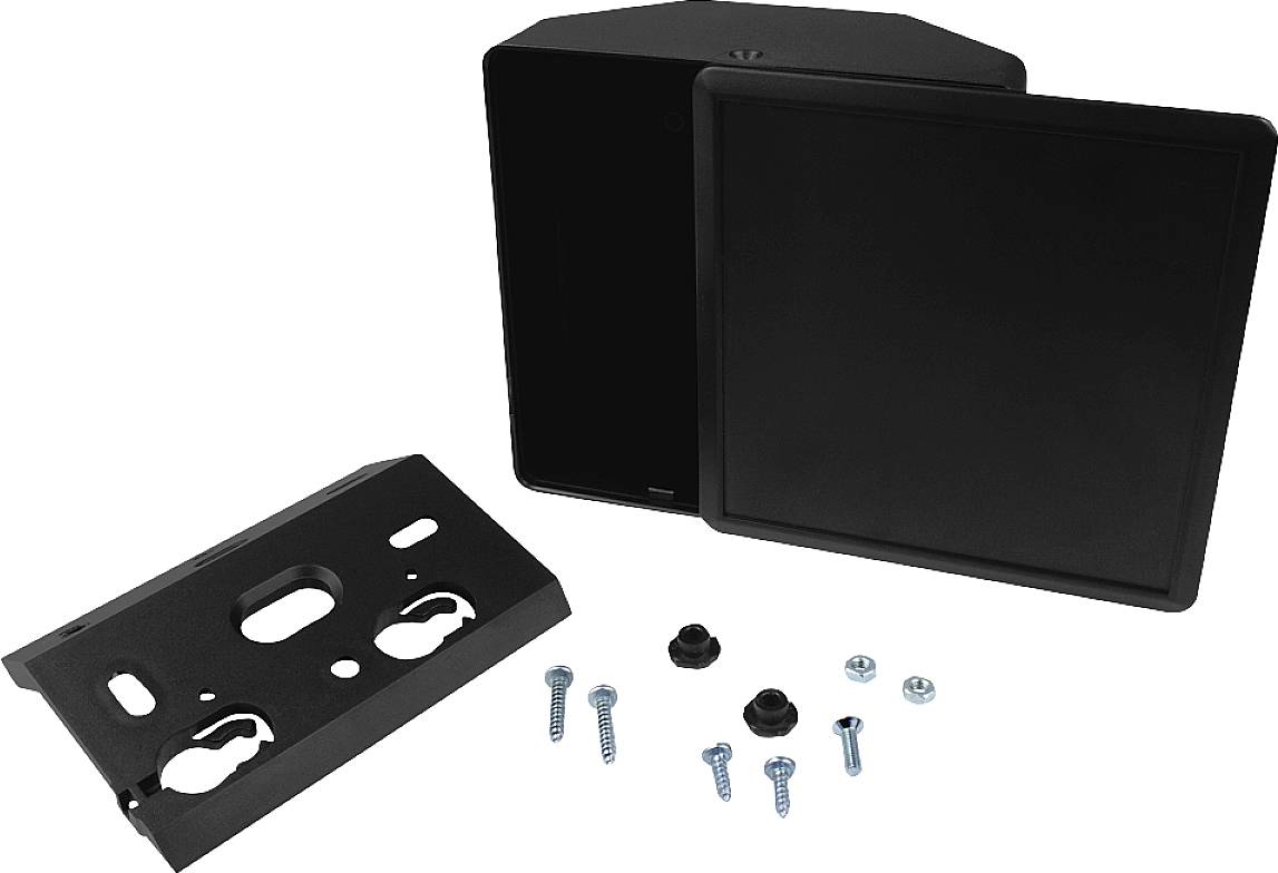Two black enclosures with corresponding mounting brackets and screws for installation.