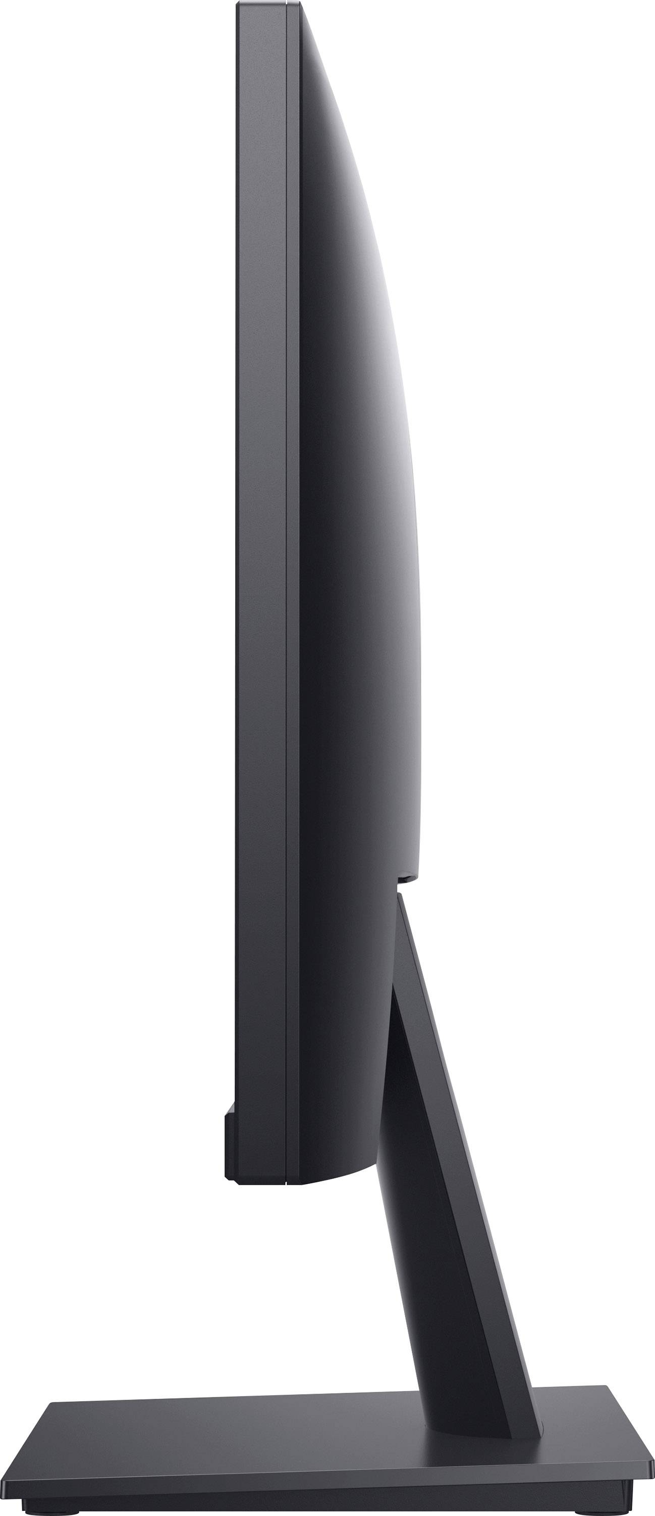 Side view of a black, slim computer monitor on a rectangular stand. Minimalist design.