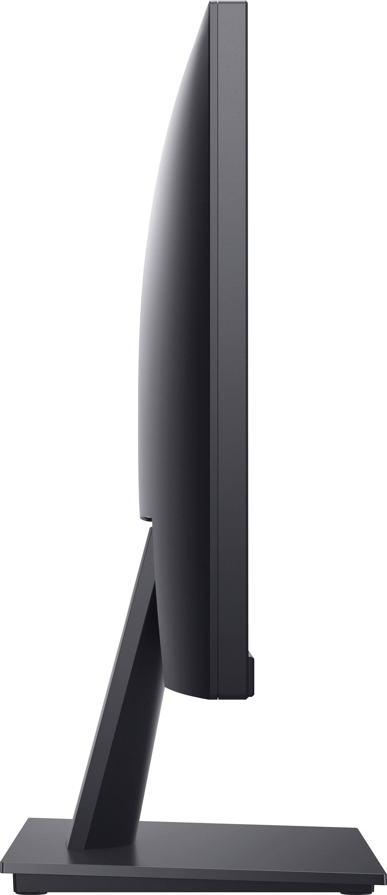 A side-photographed black computer monitor with a thin bezel sits on a rectangular stand.