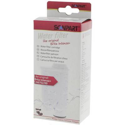 Packaging of a water filter by Scanpart, compatible with Brita Intenza+, Model Number CA6702/00, suitable for Philips, Saeco, Lavazza, Gaggia.