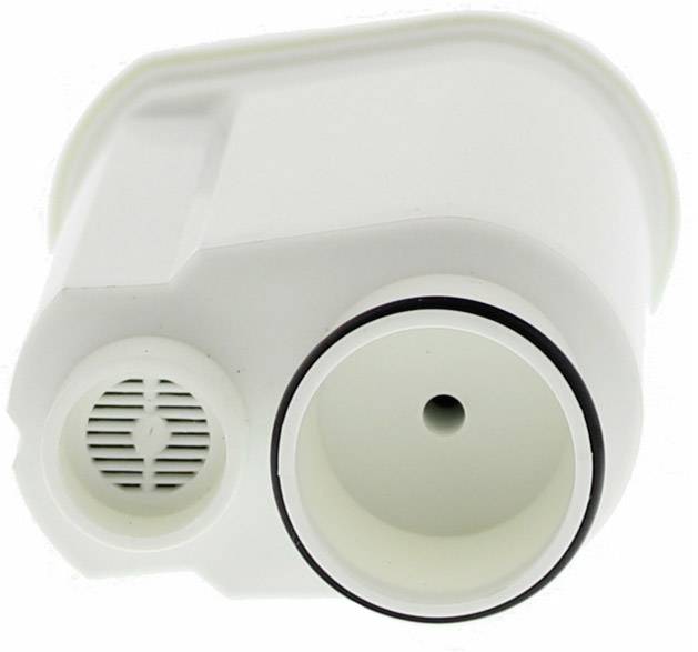 A white water filter with a round opening and a small, mesh-like hole beside it.