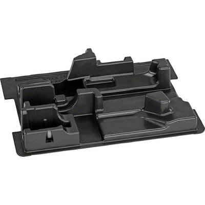 The image depicts a black, moulded plastic packaging insert with various compartments and raised sections for positioning items.