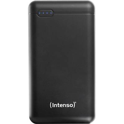 A black power bank with the 'Intenso' lettering and four blue LED lights to indicate the charging status.
