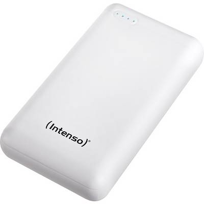 A white portable power bank by Intenso with blue LED indicators on the top surface for displaying battery status.